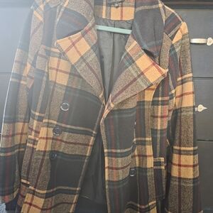 Yellow Plaid Double-Breasted Pea Coat Size L